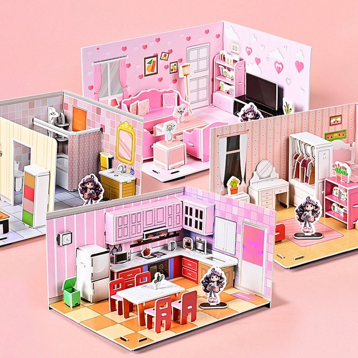 3D 입체 퍼즐 하우스 4종 세트 종이 건축물 DIY 만들기 모형 조립 키트 페이퍼토이, 입체퍼즐 4종거실,주방,화장실,침실