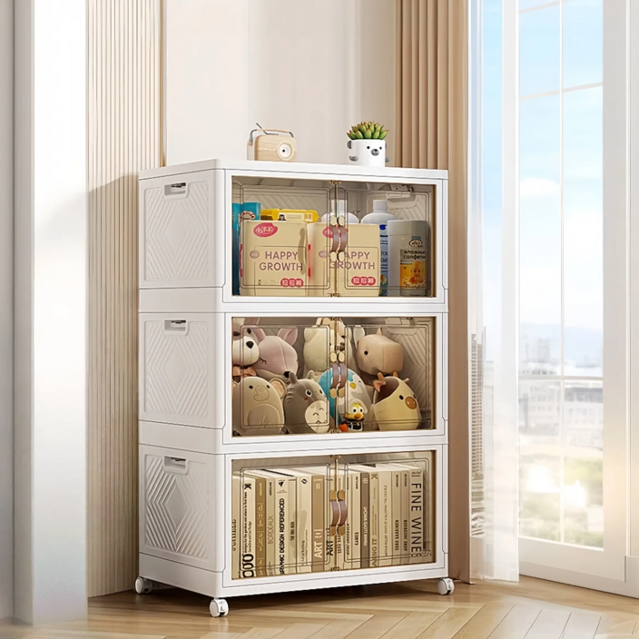YEAAYE 더블 도어 멀티 레이어 접이식 수납함 바퀴 버전, 화이트