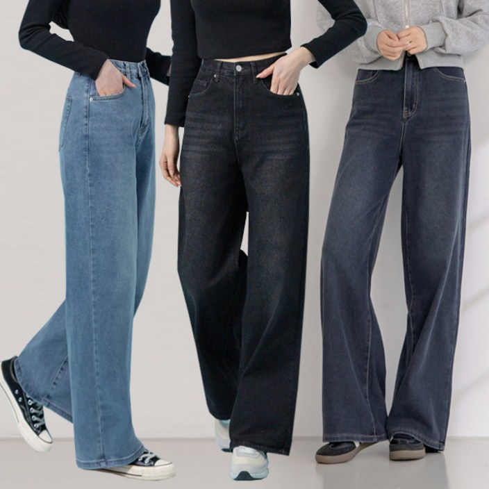 지기핏 3단 기장 스판 와이드 밴딩 데님 여성 청바지 S2XL 빅사이즈