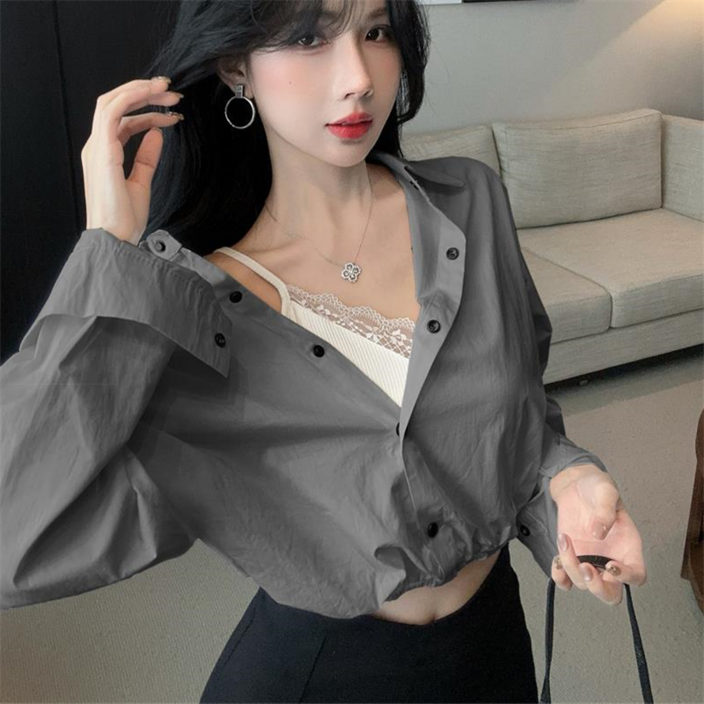 레이스 패치워크 레이어드 투피스 오프숄더 긴팔 셔츠