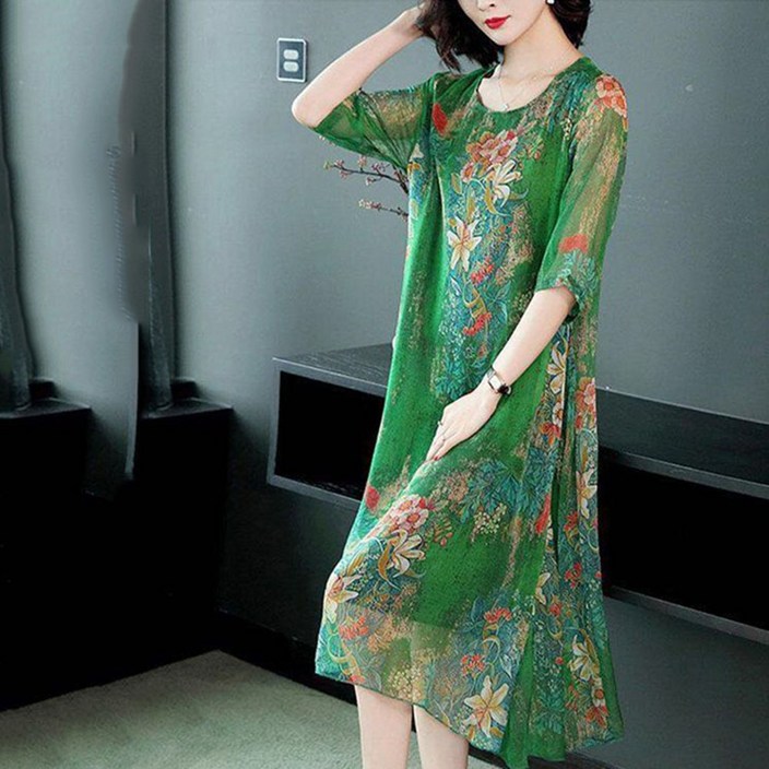 ROYALBELLE 여성 프린팅 캐주얼 7부소매 미디 원피스 빅사이즈 중년여성 라운드넥 쉬폰 원피스 V030603