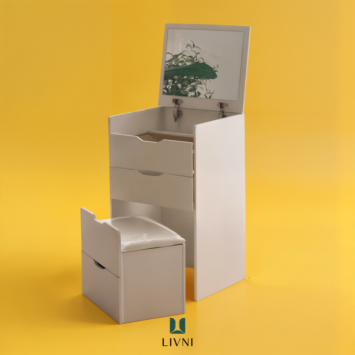 LIVNI 미니멀 화장대 일체형 수납장 LED조명, 모던 화이트/슬림