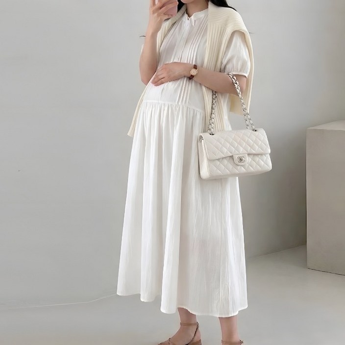 당일출고 수엠W 임산부 핸리넥 핀턱 바스락 반팔 롱 원피스 하객룩 데이트룩 R01 슈가원피스