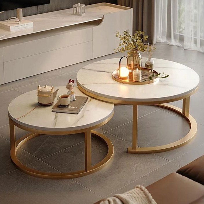 New World 거실테이블 70+50CM 원형티테이블 CJ01, 화이트+골드