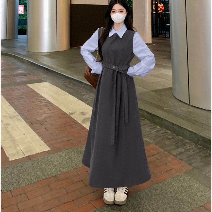 ANYOU 여성 롱 원피스 패션 카라넥 긴팔 캐주얼 원피스 빅사이즈 셔츠원피스 봄가을 데일리룩