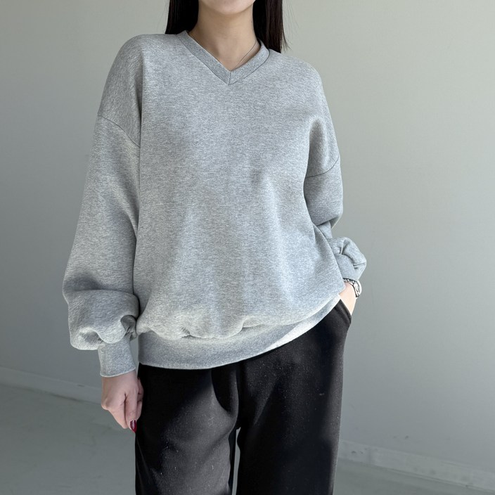 [행복여] 포션 브이넥 루즈핏 캐쥬얼 국산 기모 맨투맨