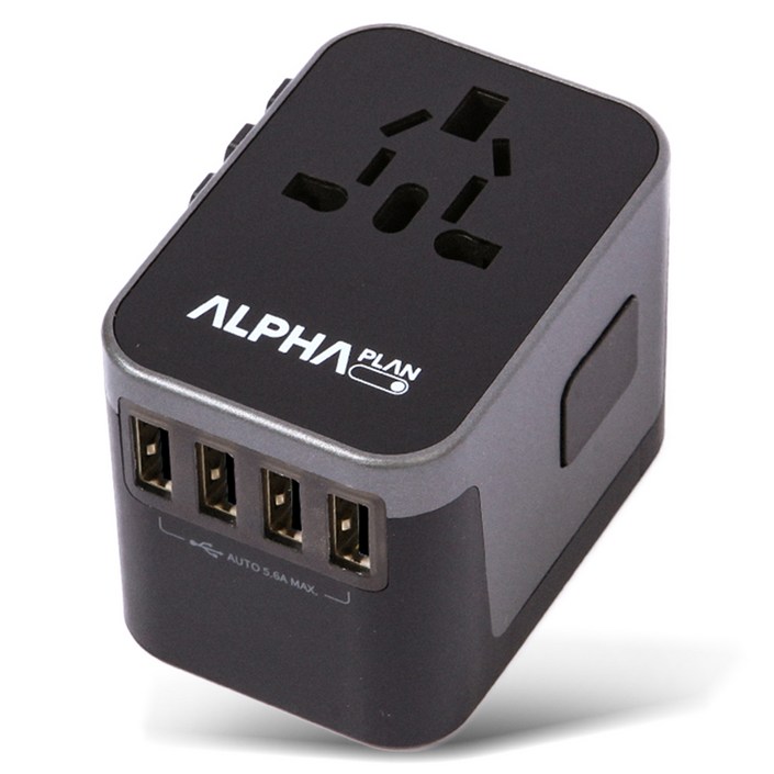 알파플랜 USB 4포트 C타입 1포트 올인원 해외 여행용 멀티 어댑터 블랙 그레이 JY305B, 1개