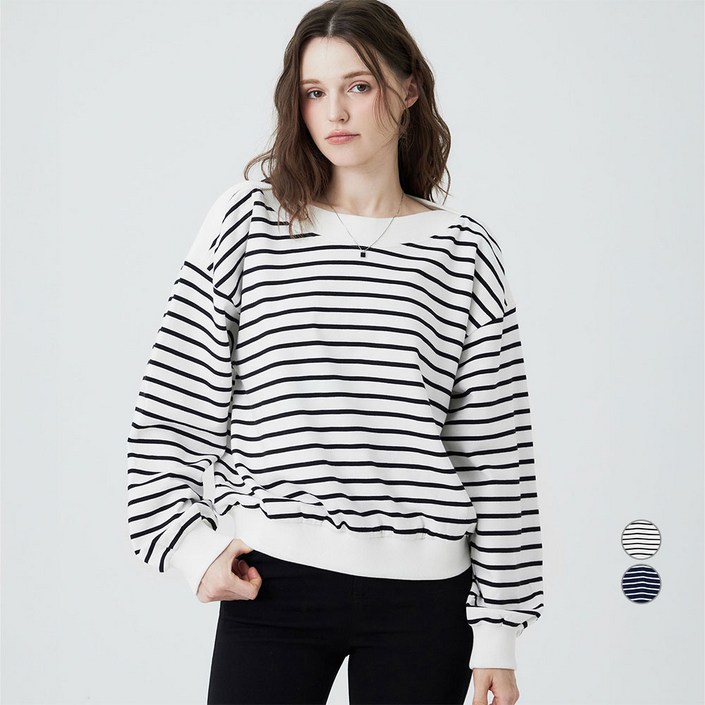 ELLEPARIS 보트넥 스트라이프 맨투맨 스웻셔츠