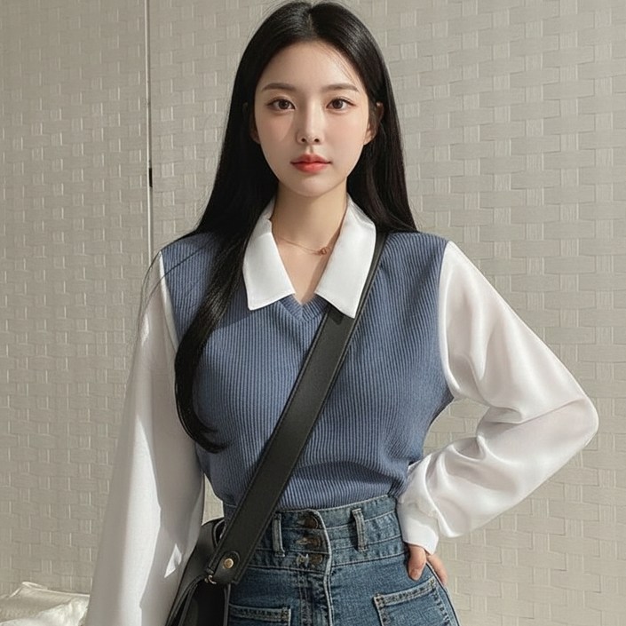 마켓피아 여성용 봄 투인원 루즈핏 긴팔 셔츠