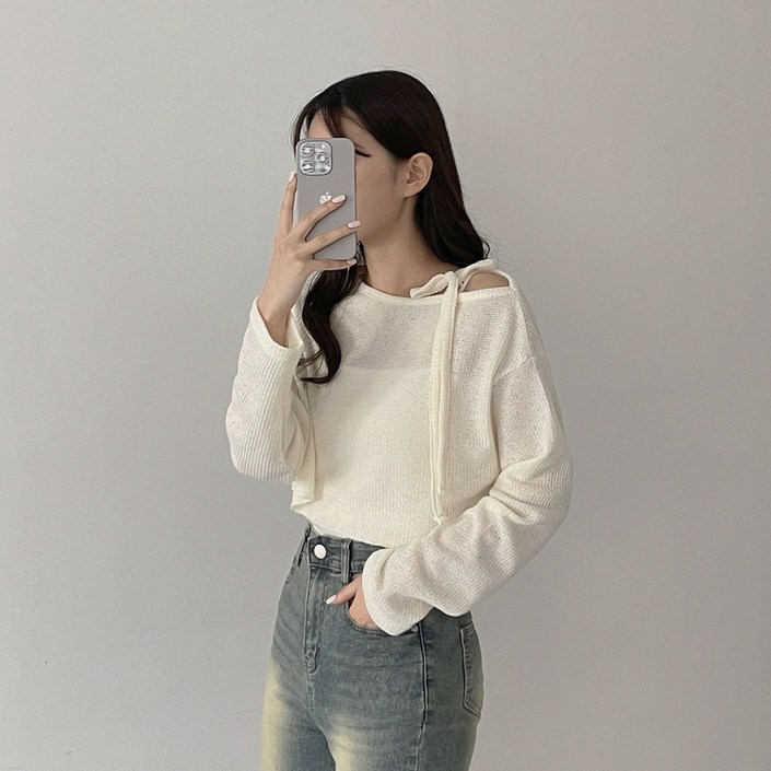 플랜데이 여성용 티아 오프숄더 크롭 니트 티셔츠