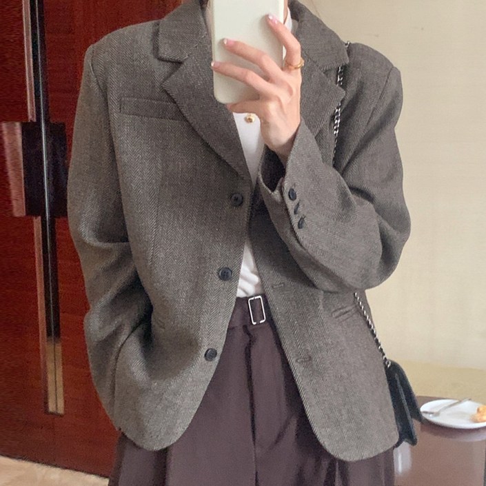 여성용 로베 울혼방 헤링본 모직 싱글 자켓