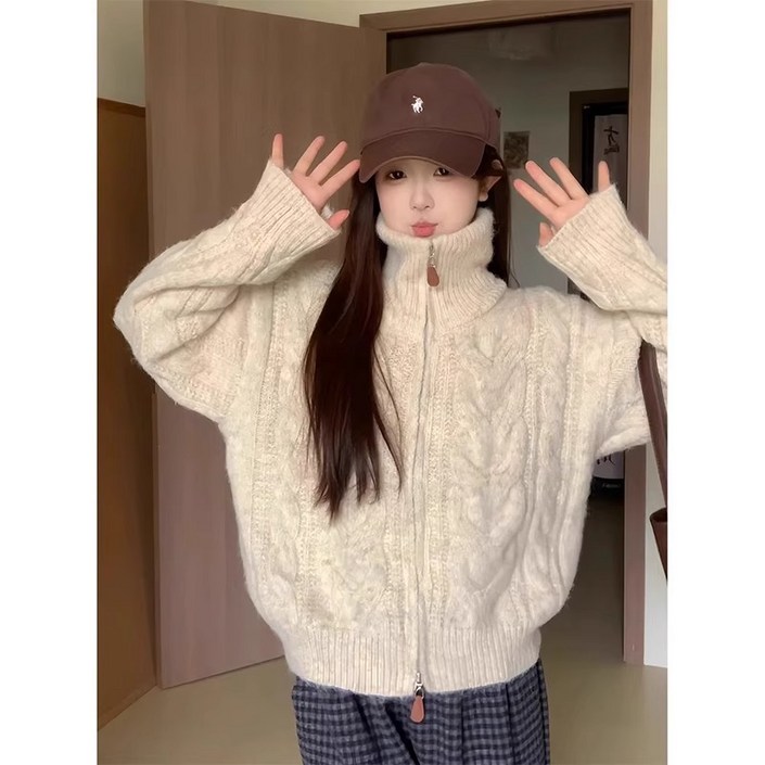 스타일닥터 터틀넥 꽈배기 니트 여성 카디건 도톰 와이드 집업가디건