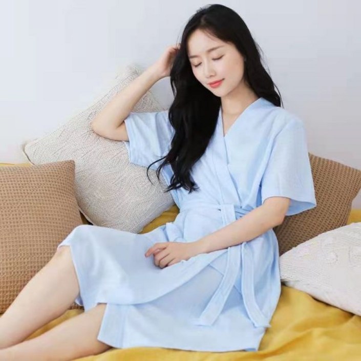 DFMEIY 커플 목욕 가운 여성 봄 여름 호텔 미용실 잠옷 남자 땀을 흘리는 옷 얇은 중간 길이 목욕 가운 플러스 사이즈