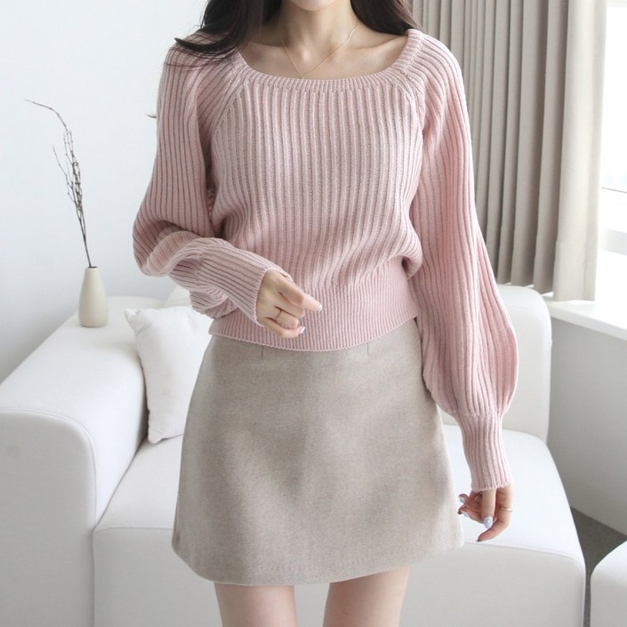 제니트 여성 우아한 실루엣 골지 퍼프 소매 와이드 시보리 스퀘어넥 긴팔 니트웨어