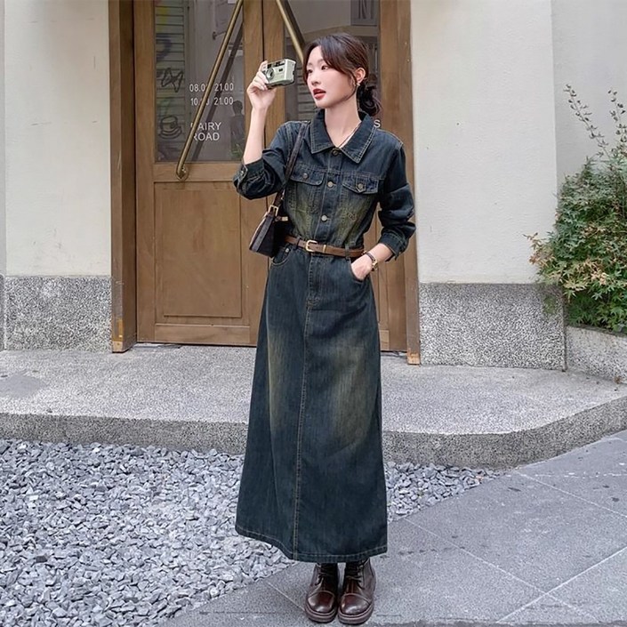 로르카 여성 데님 카라 단추 포켓 허리벨트 슬림핏 캐주얼 데일리 롱 원피스 U0191102