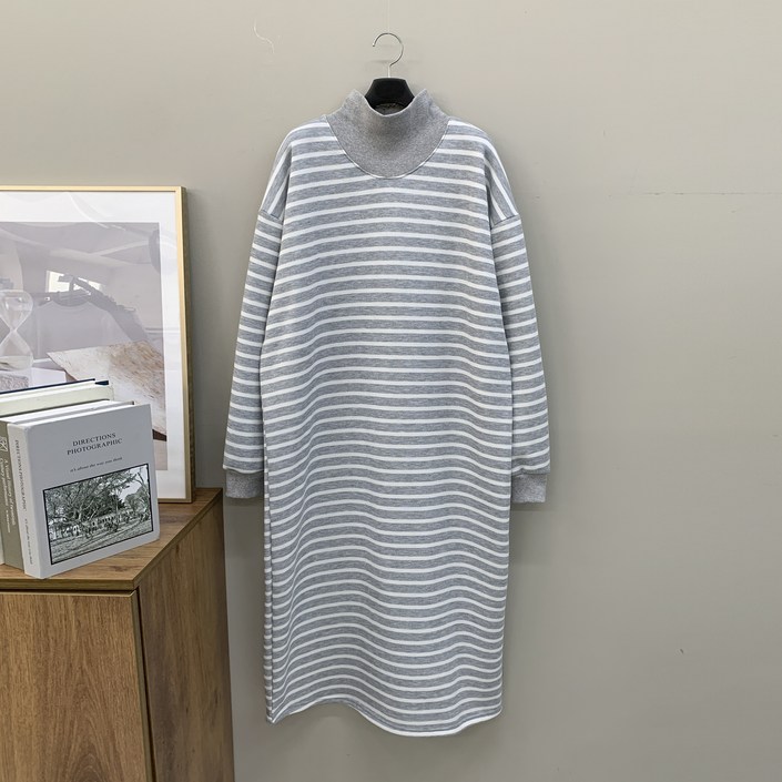 [행복여] 보니 스트라이프 캐쥬얼 루즈핏 반목 기모 원피스