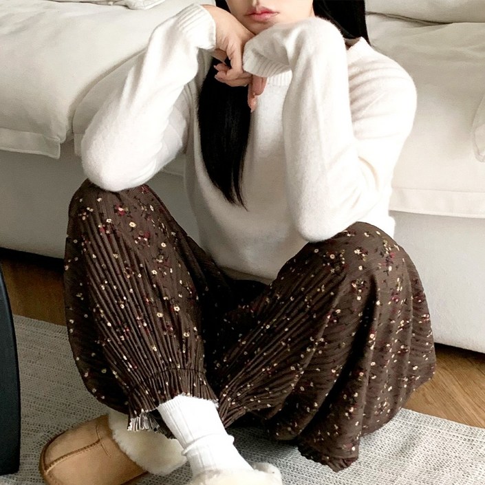 여성 꽃무늬 시보리 주름바지