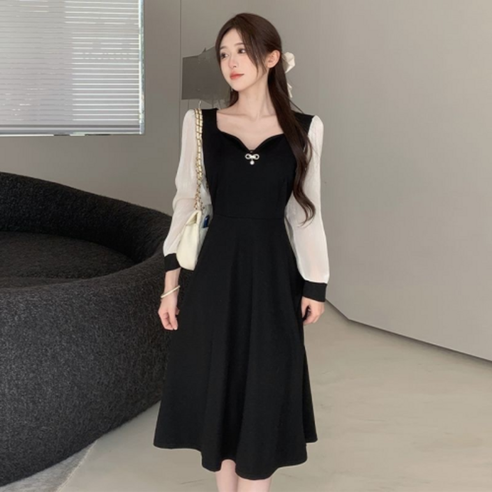 네디아 리본 브로치 긴팔 슬림 미디 원피스 스몰부터 빅사이즈까지 쉬폰 드레스