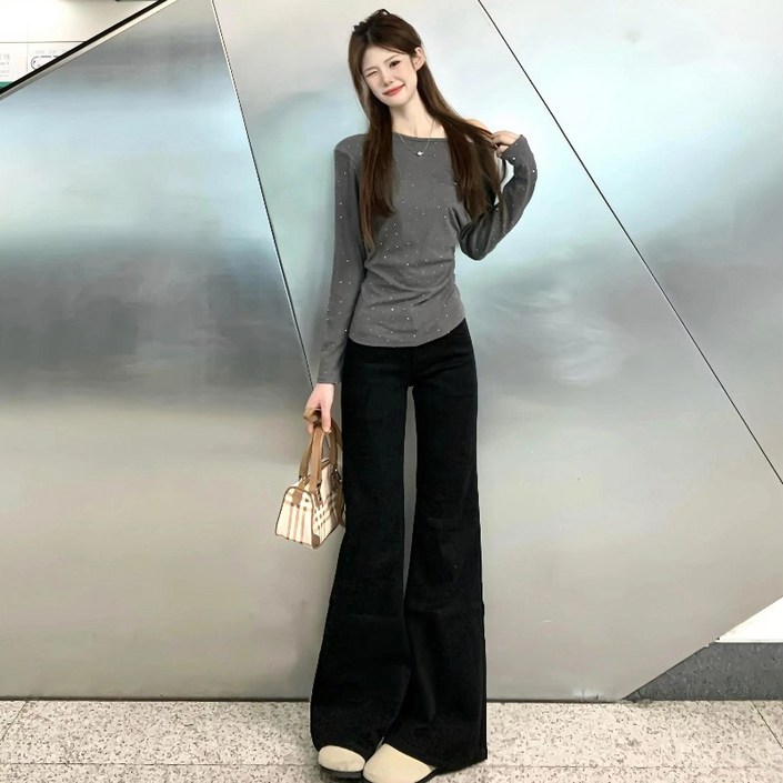 투니스 여성 슬림핏 로우웨이스트 세미 부츠컷 데님 긴바지