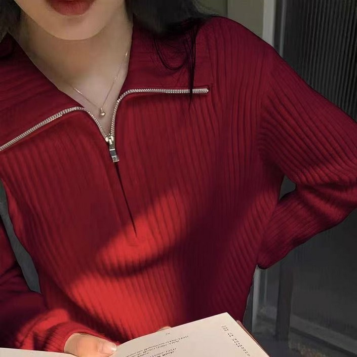 여성 카라넥 무지 긴팔 반집업 니트