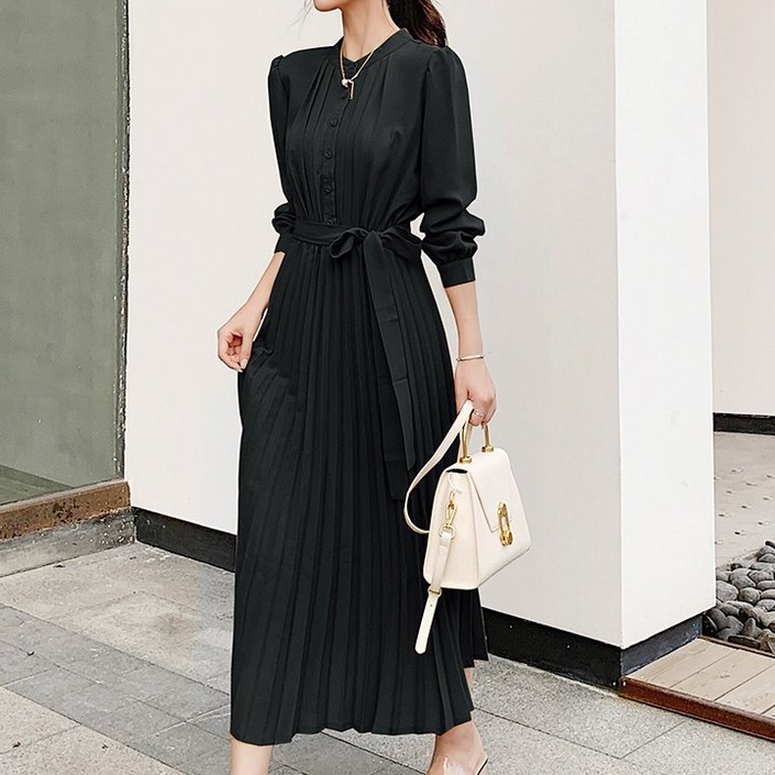 미화부장 여성 고급 롱원피스 주름 치마 결혼식 하객룩