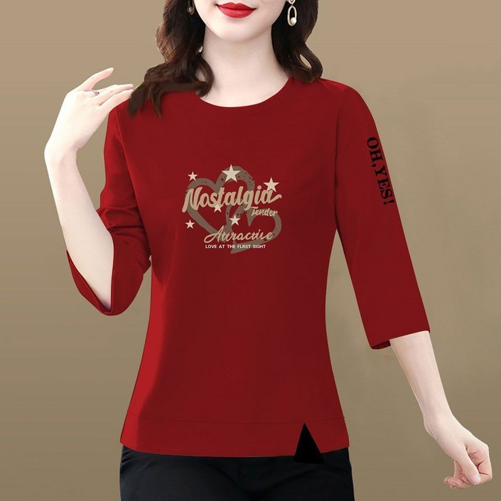 ROYALBELLE 여성 하트 프린트 라운드넥 7부소매 티셔츠 캐주얼 루즈핏 쇼트핏 중년여성 티셔츠 V030755
