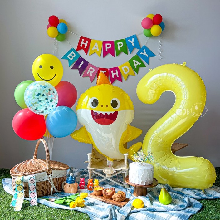 아기상어 생일풍선 두돌생일상 생일파티세트, 레인보우 아기상어 생일풍선 두돌생일상 생일파티세트, 레인보우