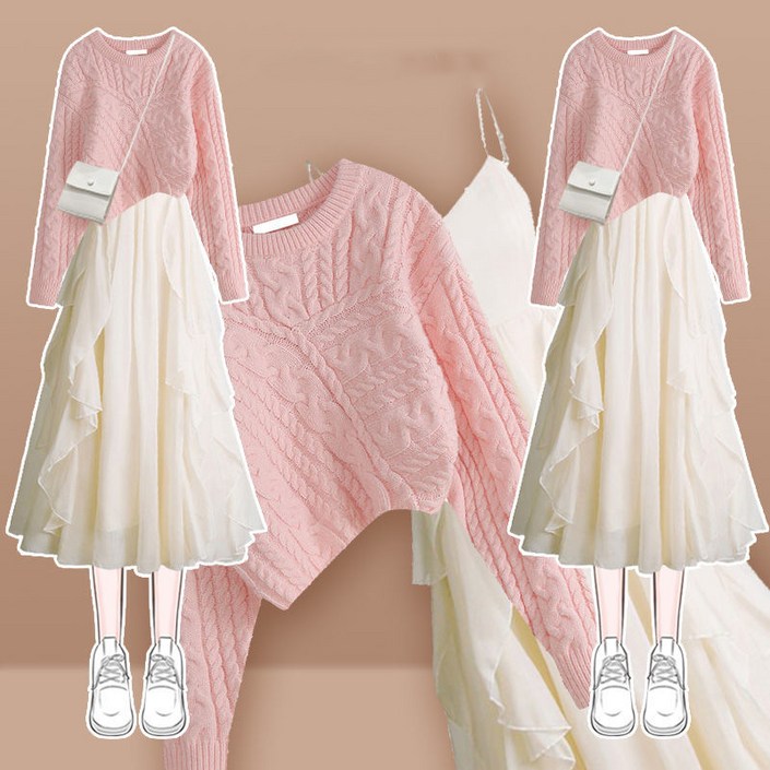 FANSYLI 가을 겨울 신상 원피스 투피스 패션 숏 언밸런스 밑단니트 롱 프릴 쉬폰 원피스 세트 여성 고급 통근 세트 여성 프리미엄 통근 세트 X2408A14