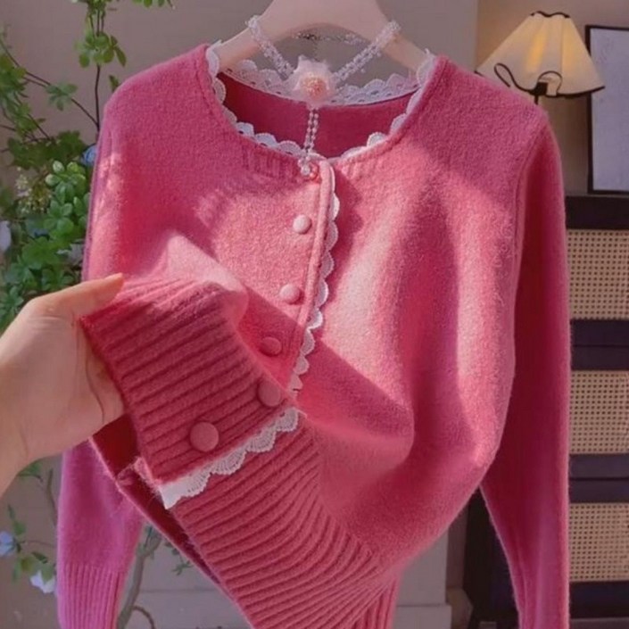 해피유통여성 봄가을 레이스 밑단 니트 가디건 귀여운 패셔너블 디자인 XG20