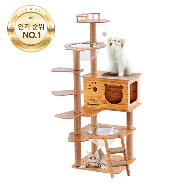 고양이 등반용 원목 우주선 디자인,바닥 설치형 두꺼운 합판 캣 하우스,대형 캣 타워 & 캣 스크래처 포스트,고양이 워크웨이,가정용 다층 캣 점프대,뛰어난 안정성,운동 부족 해결, 1개, 원목색