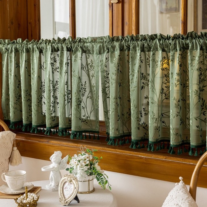 프렌치 빈티지 질감 있는 커피 커튼 보헤미안 태슬 작은 커튼