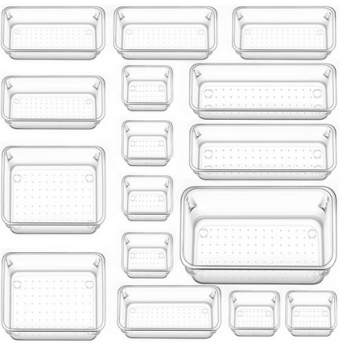 SAIVEINA 다용도 옷장 주방 사무실 화장품 욕실 책상 서랍 정리함 트레이 5가지 사이즈 아크릴 투명 보관 수납함 16피스