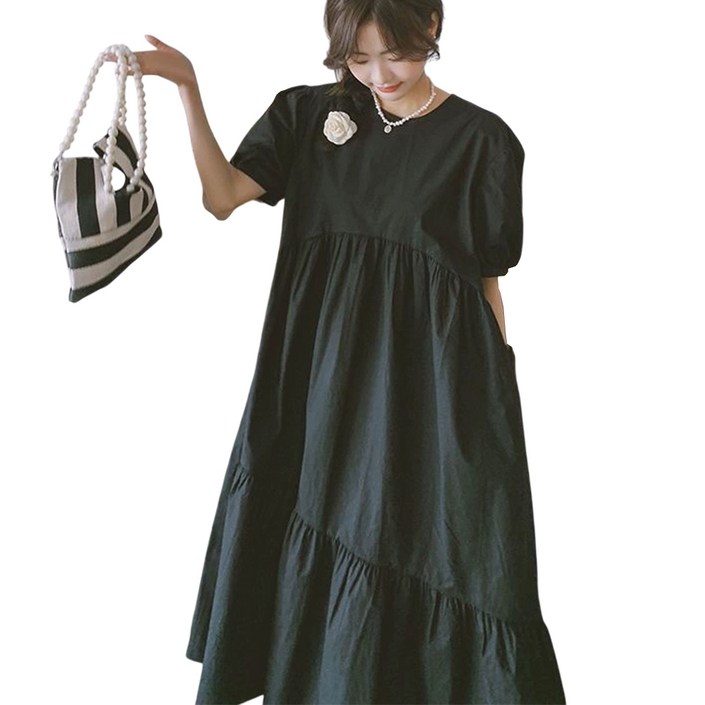 보씨엘 블랙 반팔 원피스 퍼프소매 캉캉 롱원피스 셔링 오버핏