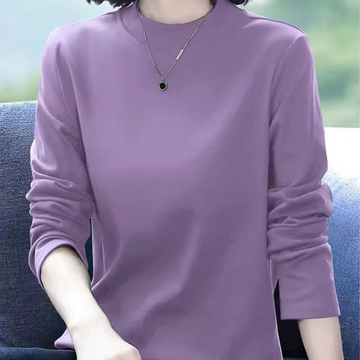 ROYALBELLE 여성 반하이넥 루즈핏 빅사이즈 티셔츠 중년엄마 이너 캐주얼 긴팔 티셔츠 J091008