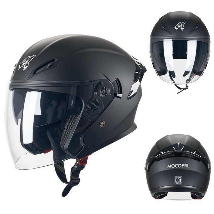 MOCOERL 오토바이 헬멧 초경량 오픈페이스 투명실드 안전모 통풍,무광블랙