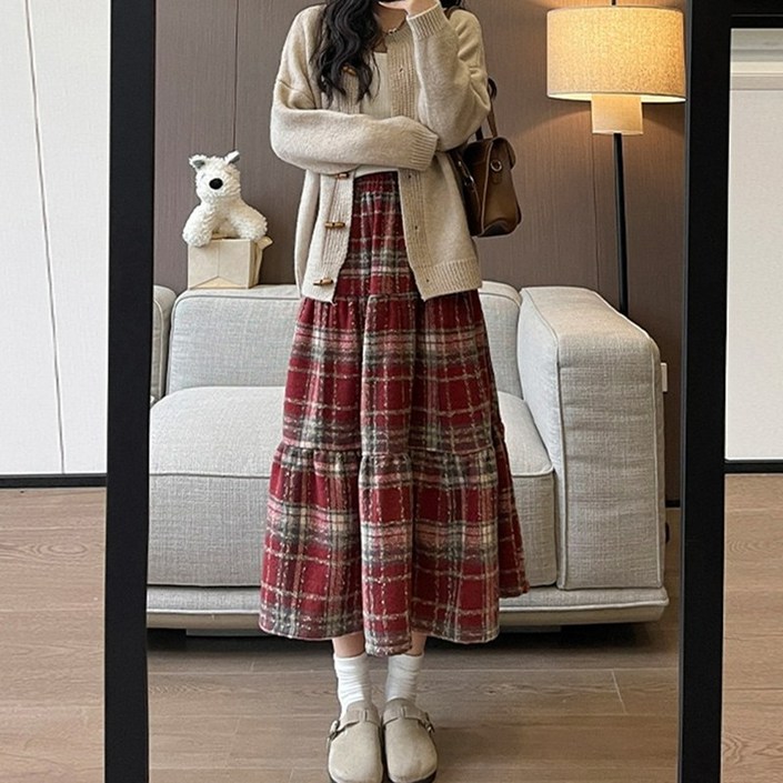Asure 가을 겨울 여자 하이웨이스트 미디 스커트 격자 모직 스커트