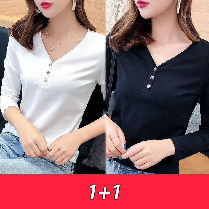AOKADA 1+1  여성 긴팔 티셔츠 2P  가을 얇은 긴팔 무지 브이넥 티 상의 W11