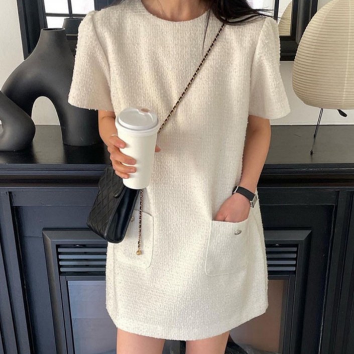 라엔 봄 여름 라운드 포켓 루즈핏 캐주얼 반팔 트위드 원피스 스커트