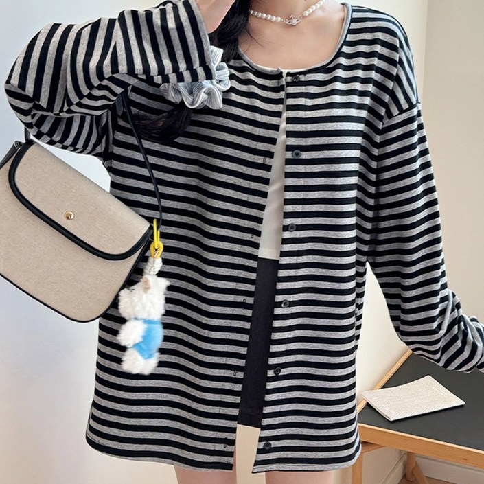 드마엘 메르 여성 스트라이프 노카라 셔츠 가디건+델로나