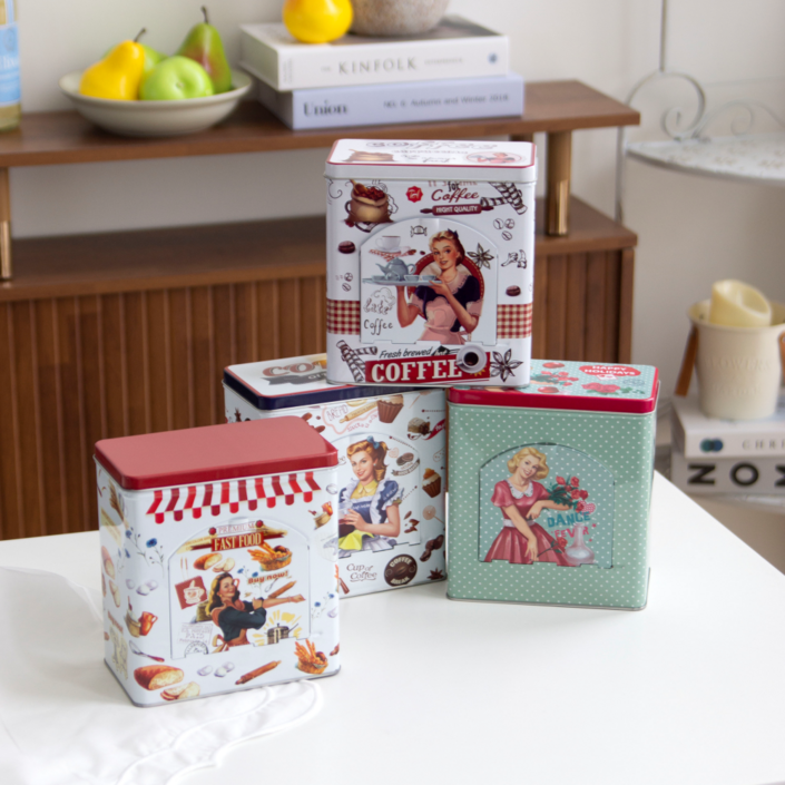 유알티홈 레트로 빈티지 일러스트 디자인 사각 커피 틴케이스 수납 보관 다용도 정리함 4종