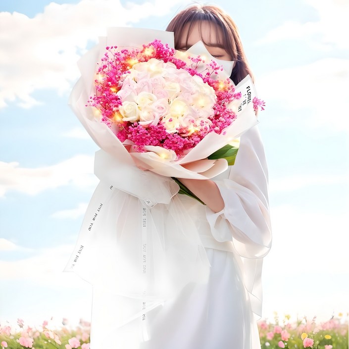 다 잘될꺼야 아르띠콜로 LED 장미 안개꽃 대형 꽃다발, 핑크