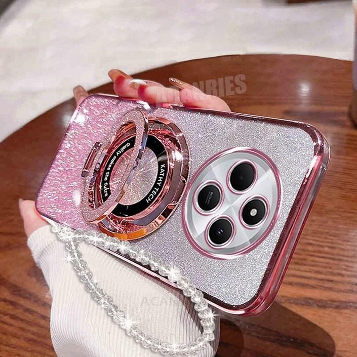 Redmi14c 럭셔리 그라디언트 반짝이 도금 홀더 체인 케이스 샤오미 호환 Redmi 14c Mi Poco C75 매는 밧줄 실리콘 스탠드 커버 Pococ75