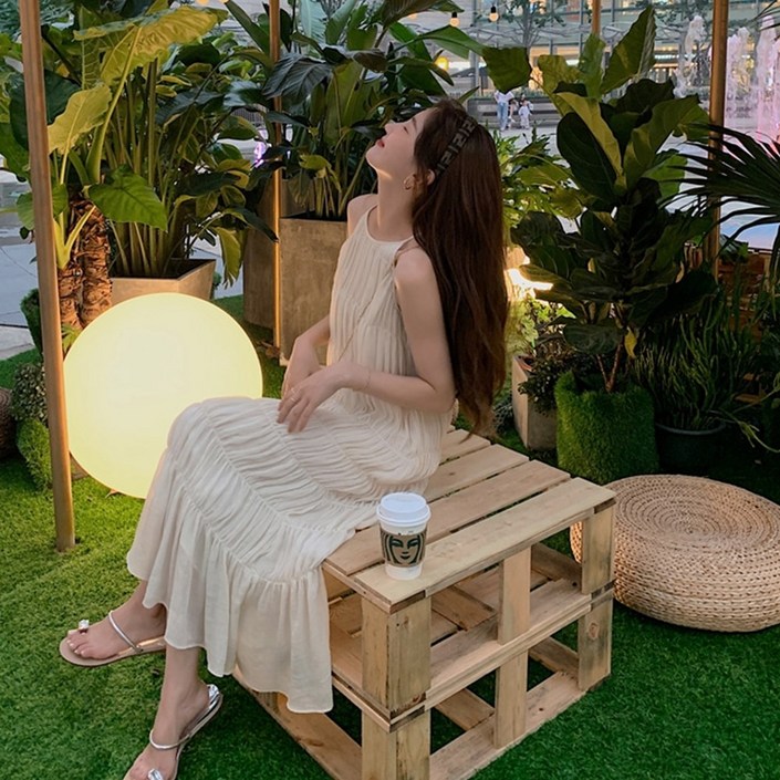 여성 휴양지 쉬폰 홀터넥 롱 원피스