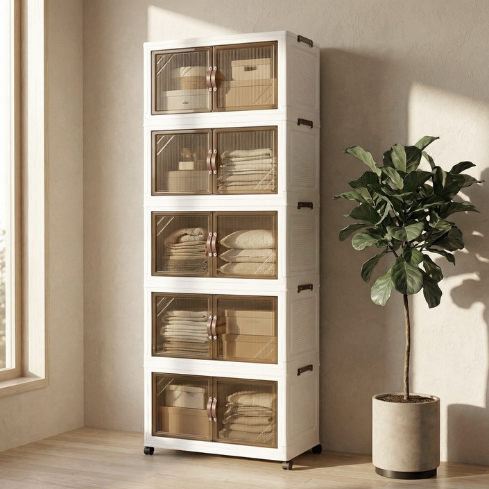 SHEU 대용량 수납장 수납 정리함 서랍장 다용도 접이식 가정용 이동식 플라스틱 리빙박스, 투명 브라운