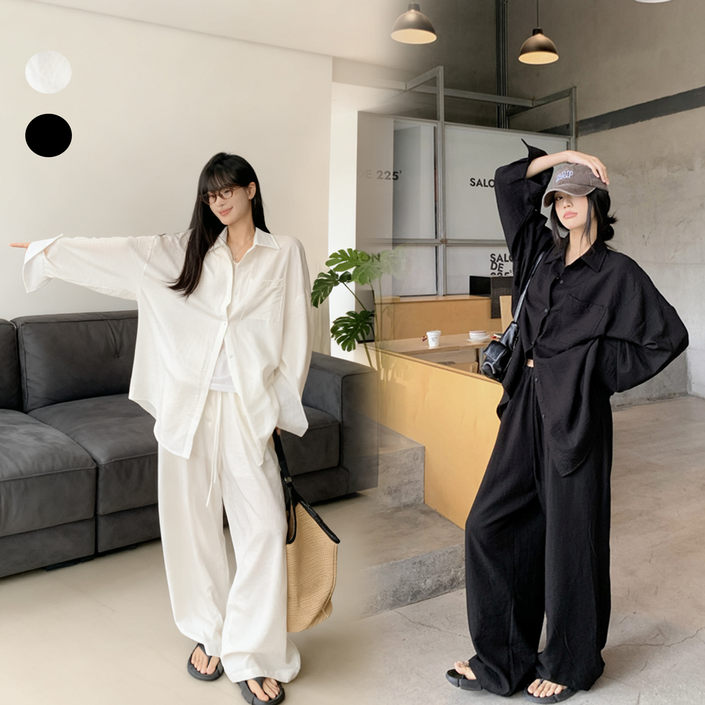 린하오  바캉스 캐주얼 루즈핏 셔츠 상의와이드 팬츠 세트