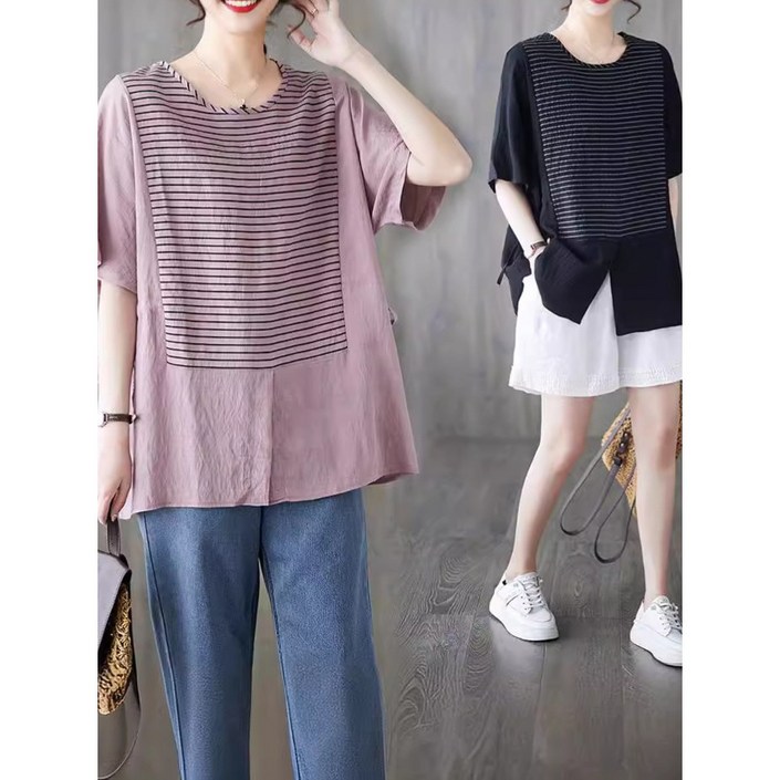 쁘띠꼬모 여성 여름 라운드넥 루즈핏 레터링 중년여성 반팔티셔츠 엄마옷 빅사이즈