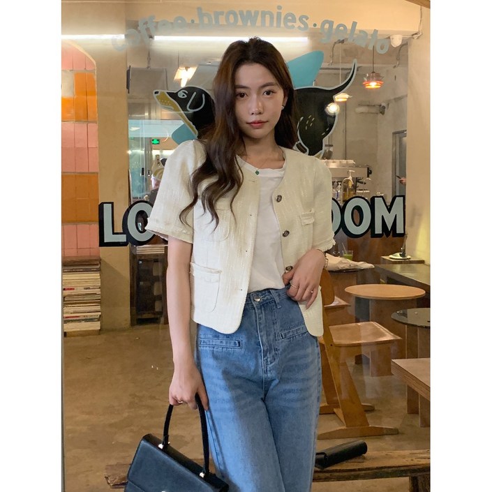 여성용 여름 트위드 노카라 반팔 싱글버튼 자켓