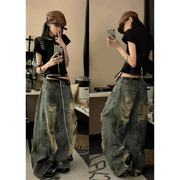 해피유통   여자 와이드 빈티지 데님 팬츠 봄 가을 찢어진 청바지 캐주얼 스타일  BJJ001