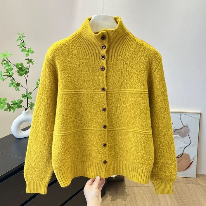 ORZQU 봄 여성 목폴라 단추 니트 카디건 루즈핏 스웨터 코트 상의