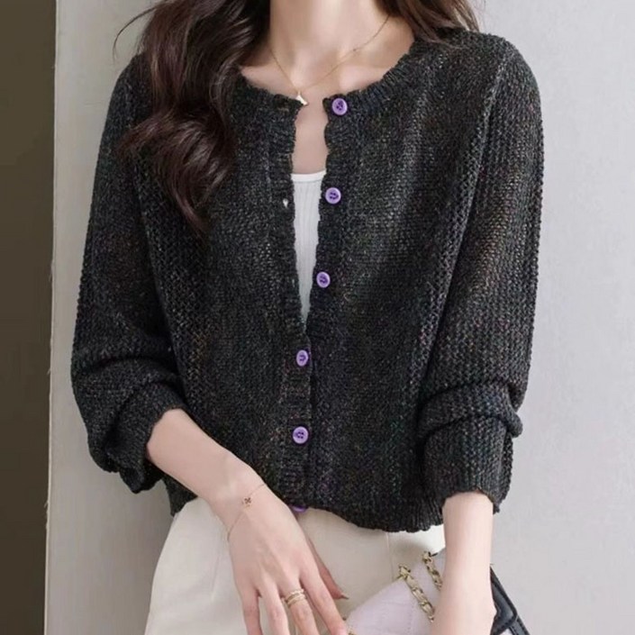 FANSYLI 여성 니트 봄 여름 얇은 펀칭 카디건 쇼트 라운드 자외선 차단 재킷 사무실 에어컨 재킷 XR2512D30